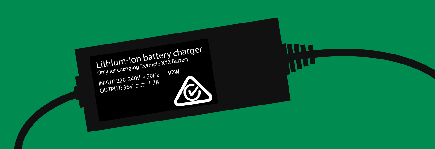 Image of a charger transformer displaying the Australian Regulatory Compliance Mark Tick.