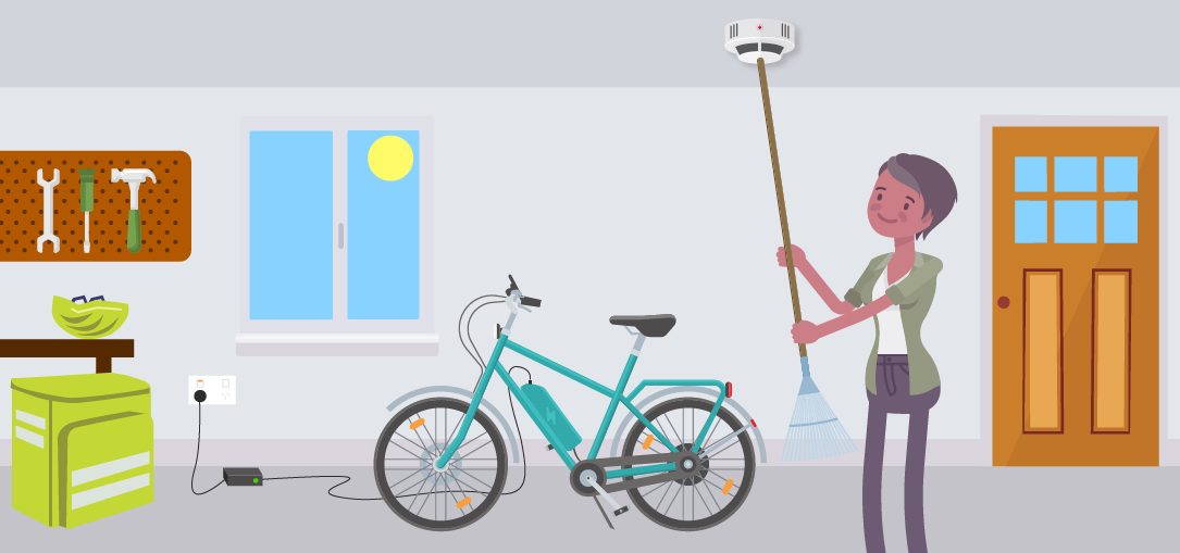 Cartoon of a women testing a smoke alarm with an ebike charging during the day in a garage.