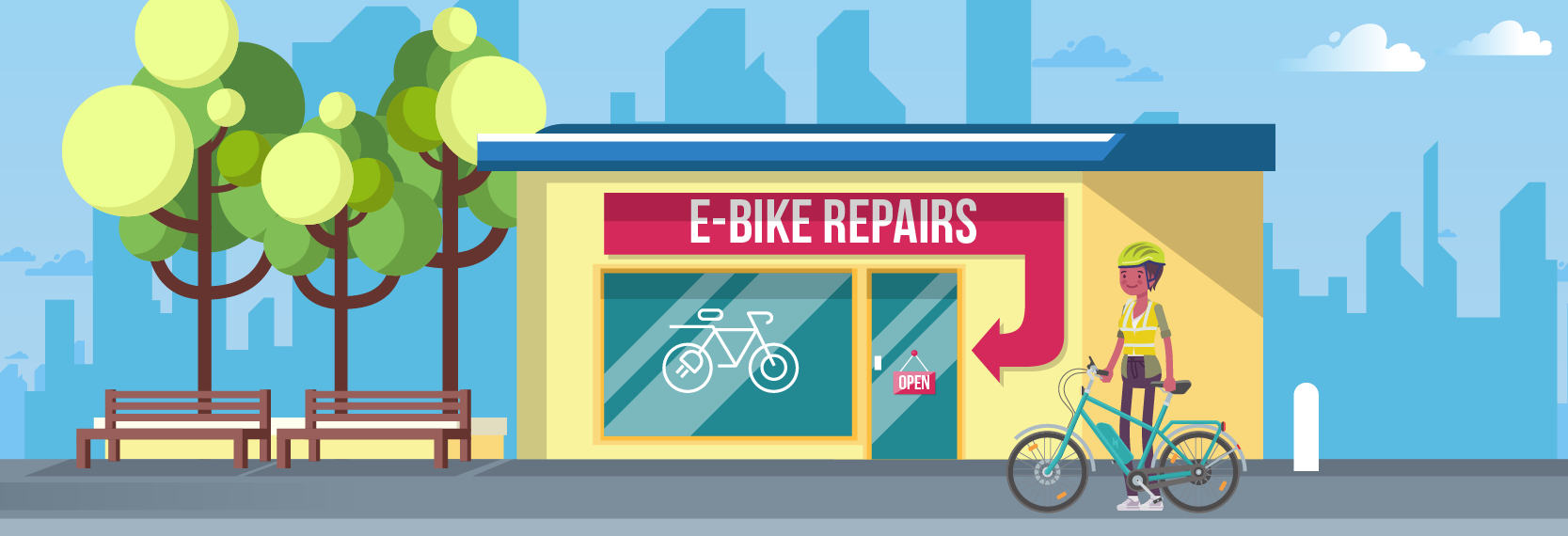 Cartoon image of a women taking her ebike to a repair shop.